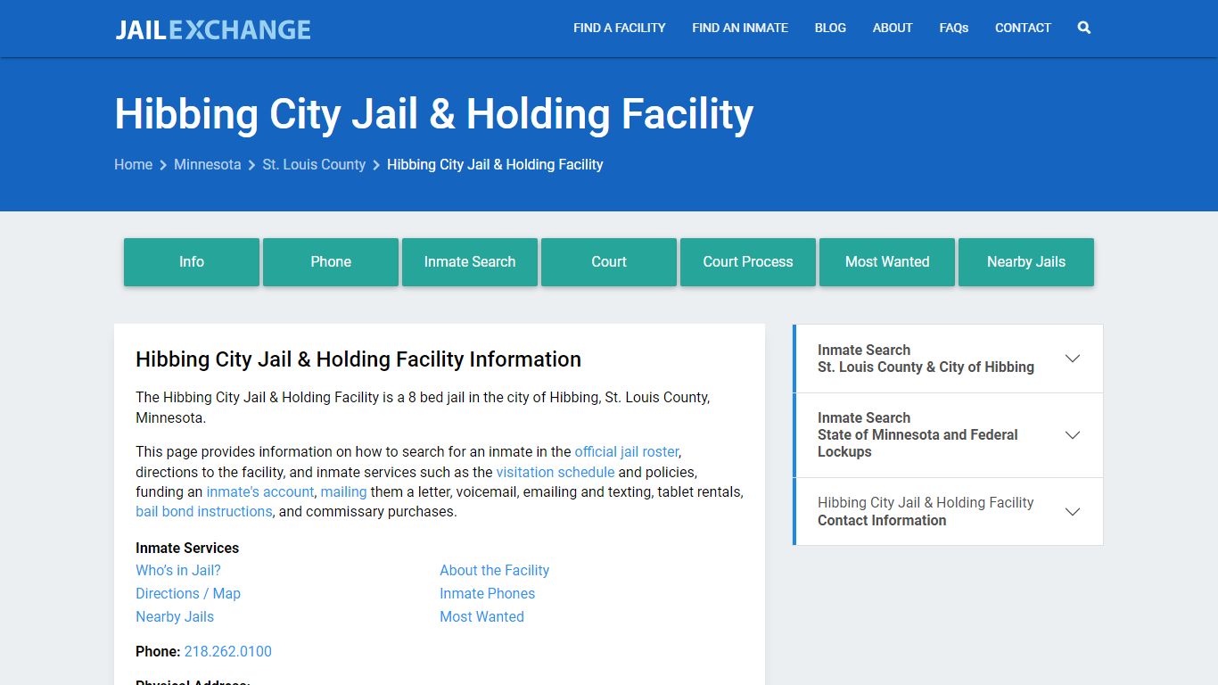 Hibbing City Jail & Holding Facility, MN Inmate Search, Information